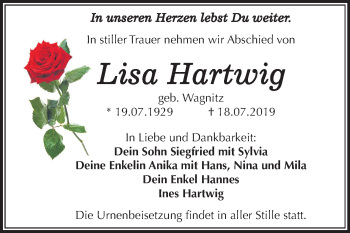 Traueranzeige von Lisa Hartwig von Mitteldeutsche Zeitung Merseburg/Querfurt