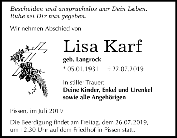 Traueranzeige von Lisa Karf von Mitteldeutsche Zeitung Merseburg/Querfurt