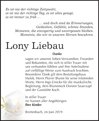 Traueranzeige von Lony Liebau von Mitteldeutsche Zeitung Sangerhausen