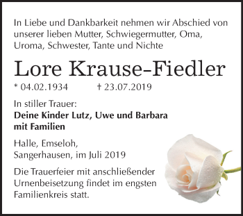 Traueranzeige von Lore Krause-Fiedler von Super Sonntag Sangerhausen