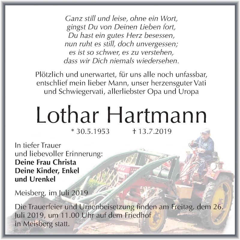  Traueranzeige für Lothar Hartmann vom 20.07.2019 aus Super Sonntag Mansfelder Land