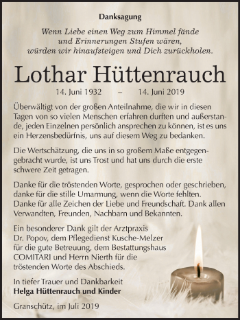 Traueranzeige von Lothar Hüttenrauch von Mitteldeutsche Zeitung Weißenfels