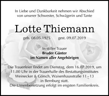 Traueranzeige von Lotte Thiemann von Mitteldeutsche Zeitung Bernburg