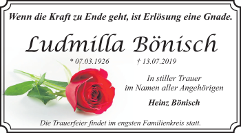 Traueranzeige von Ludmilla Bönisch von Super Sonntag Dessau-Roßlau