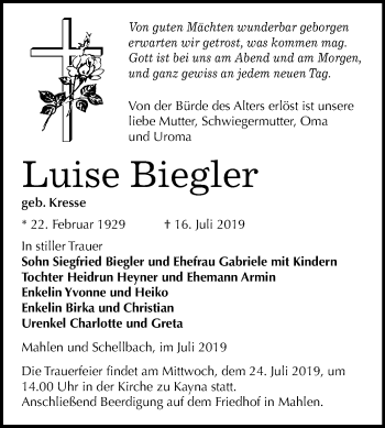 Traueranzeige von Luise Biegler von Mitteldeutsche Zeitung Zeitz