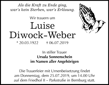 Traueranzeige von Luise Diwock-Weber von Mitteldeutsche Zeitung Bernburg