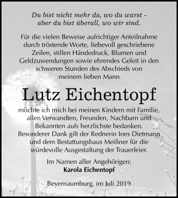 Traueranzeige von Lutz Eichentopf von Mitteldeutsche Zeitung Sangerhausen
