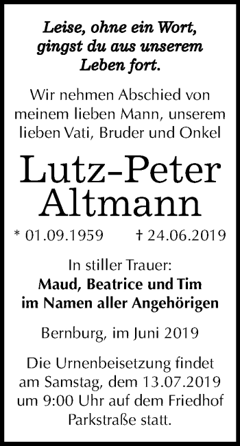 Traueranzeige von Lutz-Peter Altmann von Super Sonntag Bernburg