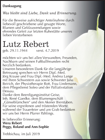 Traueranzeige von Lutz Rebert von Mitteldeutsche Zeitung Köthen