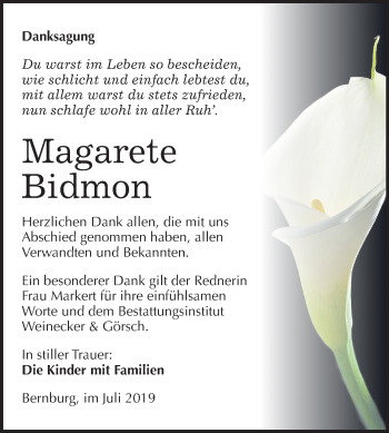 Traueranzeige von Margarete Bidmon von Mitteldeutsche Zeitung Bernburg