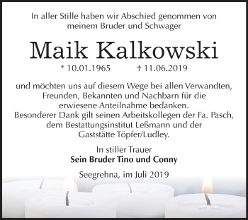 Traueranzeige von Maik Kalkowski von Super Sonntag Wittenberg