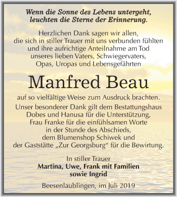 Traueranzeige von Manfred Beau von Mitteldeutsche Zeitung Bernburg
