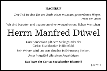 Traueranzeige von Manfred Düwel von Mitteldeutsche Zeitung Bitterfeld