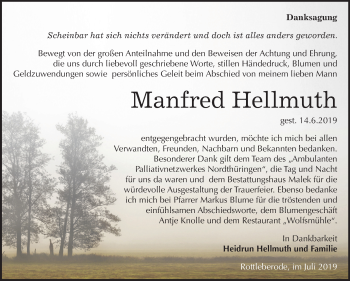 Traueranzeige von Manfred Hellmuth von Mitteldeutsche Zeitung Sangerhausen