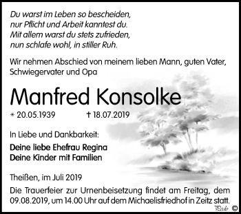 Traueranzeige von Manfred Konsolke von Super Sonntag Zeitz