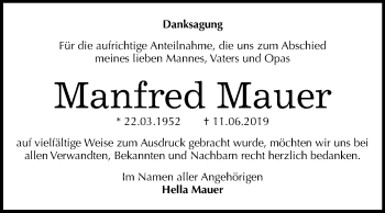 Traueranzeige von Manfred Mauer von Mitteldeutsche Zeitung Dessau-Roßlau