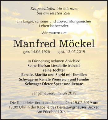 Traueranzeige von Manfred Möckel von Mitteldeutsche Zeitung Sangerhausen