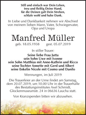 Traueranzeige von Manfred Müller von Mitteldeutsche Zeitung Naumburg/Nebra
