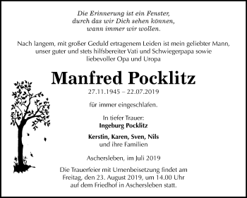 Traueranzeige von Manfred Pocklitz von Mitteldeutsche Zeitung Aschersleben