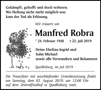 Traueranzeige von Manfred Robra von Mitteldeutsche Zeitung Quedlinburg
