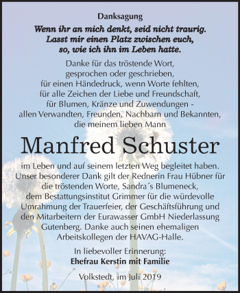 Traueranzeige von Manfred Schuster von Mitteldeutsche Zeitung Mansfelder Land
