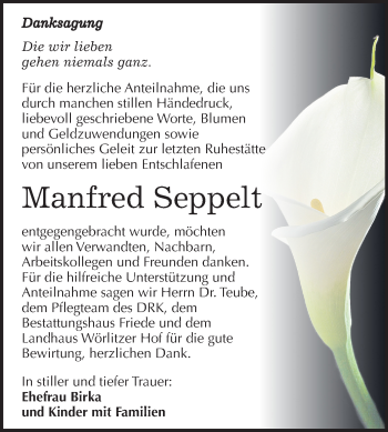 Traueranzeige von Manfred Seppelt von Super Sonntag Wittenberg