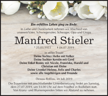 Traueranzeige von Manfred Stieler von Mitteldeutsche Zeitung Dessau-Roßlau