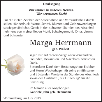 Traueranzeige von Marga Herrmann von Mitteldeutsche Zeitung Mansfelder Land