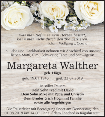 Traueranzeige von Margareta Walther von Wochenspiegel Bitterfeld