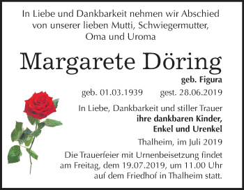 Traueranzeige von Margarete Döring von Mitteldeutsche Zeitung Bitterfeld