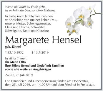 Traueranzeige von Margarete Hensel von Mitteldeutsche Zeitung Mansfelder Land