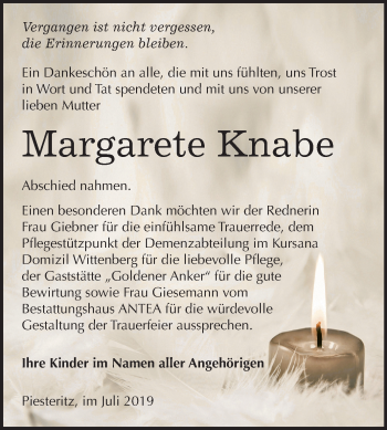 Traueranzeige von Margarete Knabe von Super Sonntag Wittenberg