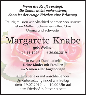 Traueranzeige von Margarete Knabe von Mitteldeutsche Zeitung Wittenberg
