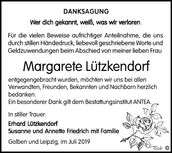 Traueranzeige von Margarete Lützkendorf von Super Sonntag Zeitz