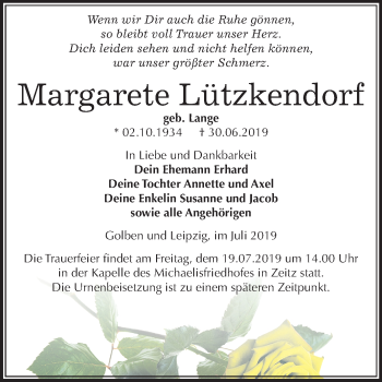 Traueranzeige von Margarete Lützkendorf von Mitteldeutsche Zeitung Zeitz