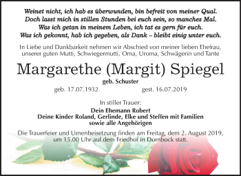 Traueranzeige von Margarethe Margit Spiegel von Super Sonntag Köthen