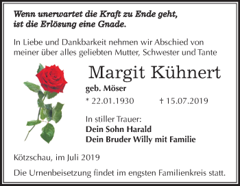 Traueranzeige von Margit Kühnert von Mitteldeutsche Zeitung Merseburg/Querfurt