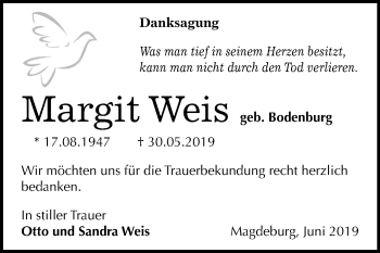 Traueranzeige von Margit Weis von Mitteldeutsche Zeitung Aschersleben