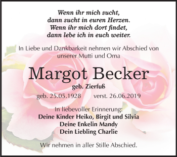 Traueranzeige von Margot Becker von Wochenspiegel Weißenfels
