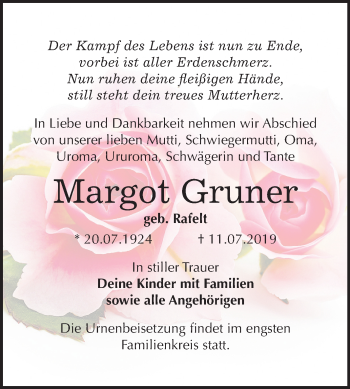 Traueranzeige von Margot Gruner von Mitteldeutsche Zeitung Zeitz