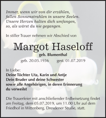 Traueranzeige von Margot Haseloff von Mitteldeutsche Zeitung Wittenberg