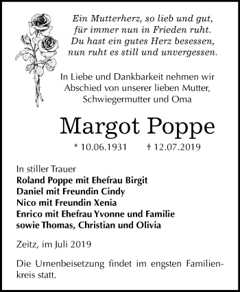 Traueranzeige von Margot Poppe von Mitteldeutsche Zeitung Zeitz