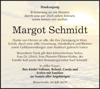 Traueranzeige von Margot Schmidt von Wochenspiegel Naumburg/Nebra