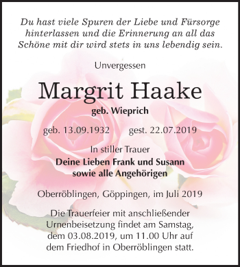 Traueranzeige von Margrit Haake von Mitteldeutsche Zeitung Sangerhausen