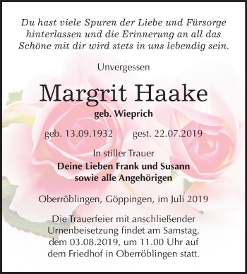 Traueranzeige von Margrit Haake von Super Sonntag Sangerhausen