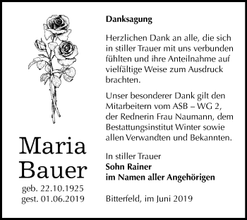 Traueranzeige von Maria Bauer von Wochenspiegel Bitterfeld