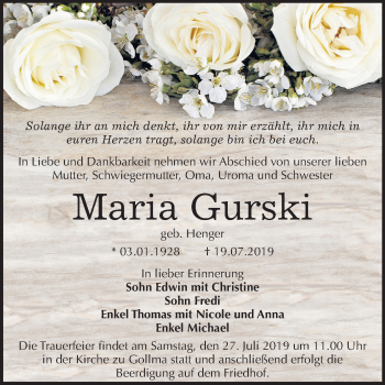 Traueranzeige von Maria Gurski von Mitteldeutsche Zeitung Halle/Saalkreis