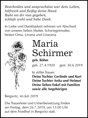 Traueranzeige von Maria Schirmer von Mitteldeutsche Zeitung Wittenberg