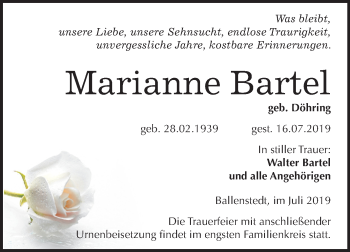 Traueranzeige von Marianne Bartel von Mitteldeutsche Zeitung Quedlinburg