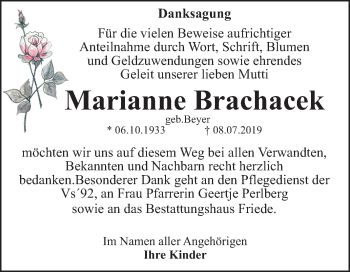 Traueranzeige von Marianne Brachacek von Mitteldeutsche Zeitung Dessau-Roßlau